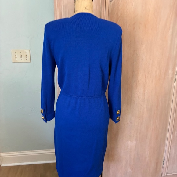 St. John Vintage 80’s Santana Knit Long Sleeve Sweater Dress blue gold button 4 - Picture 2 of 16